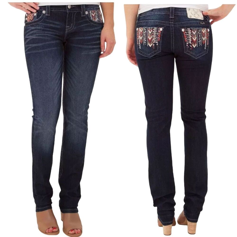 Miss Me Mid-Rise Easy Skinny Curvy Fit Women's Stretch Embellished Jeans Size 28